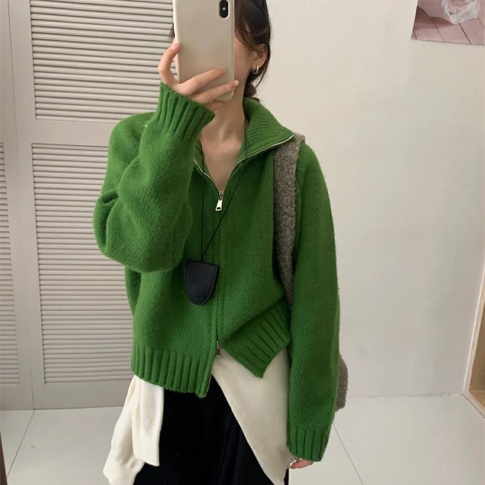 

Korean Style Simple Stand Collar Zipper Sweater for Women Autumn and Winter New Style Lazy Style Loose Short Knitted Jacket