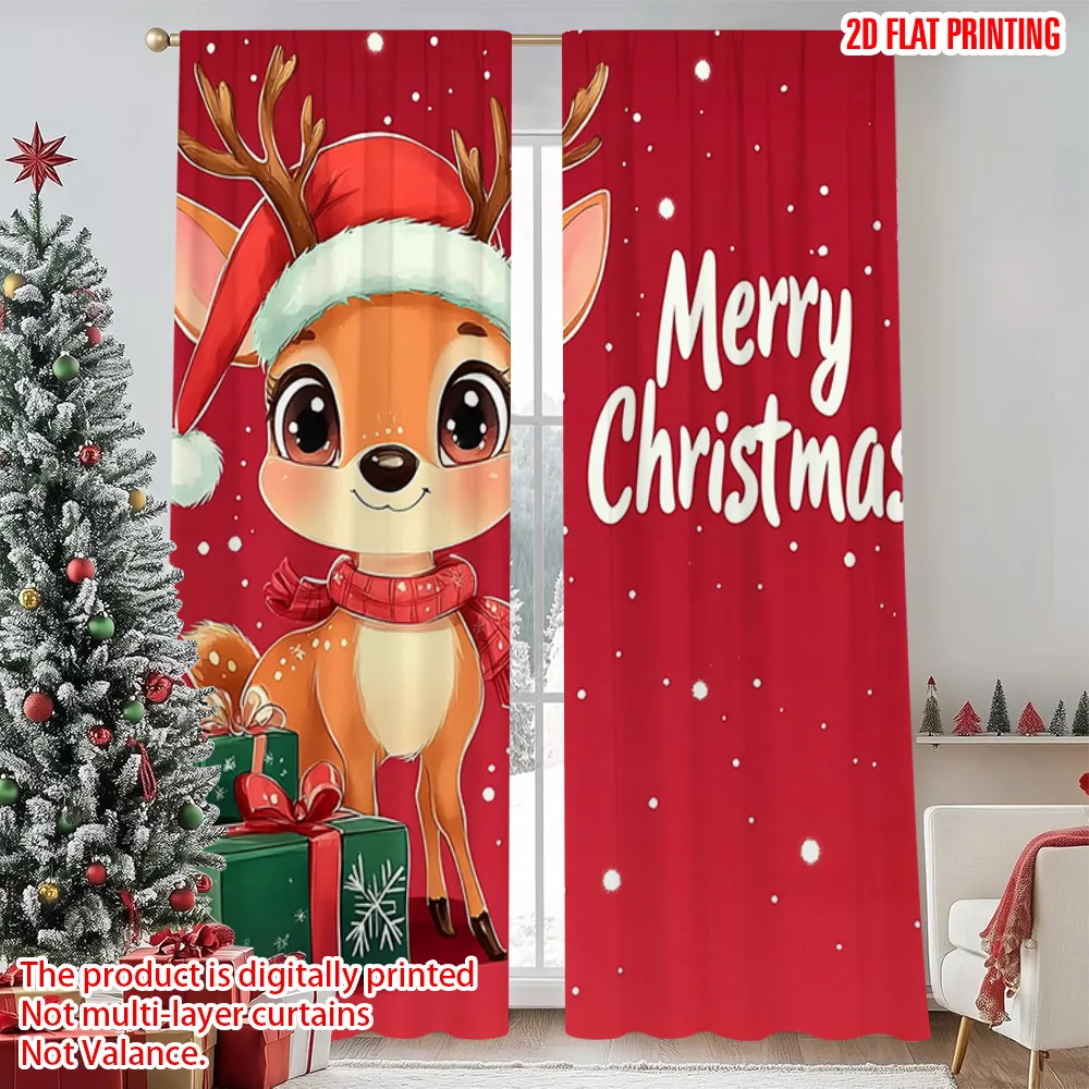 

2pcs 2D flat printing Merry Christmas Curtain Christmas cute deer Durable 100% Polyester Fabric Without Electricity Festive Wall