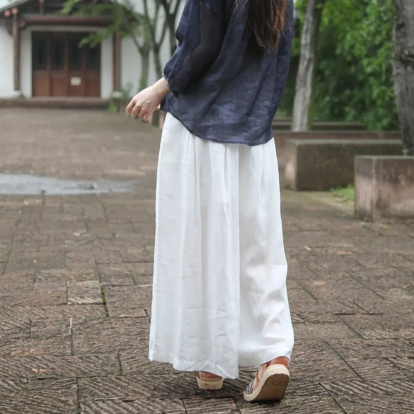 

LZJN Summer Ramie Double-Layer White Long Pants with Elastic Waist, Loose Wide-Leg Pants, Square Dance Flared Skirt-Pants