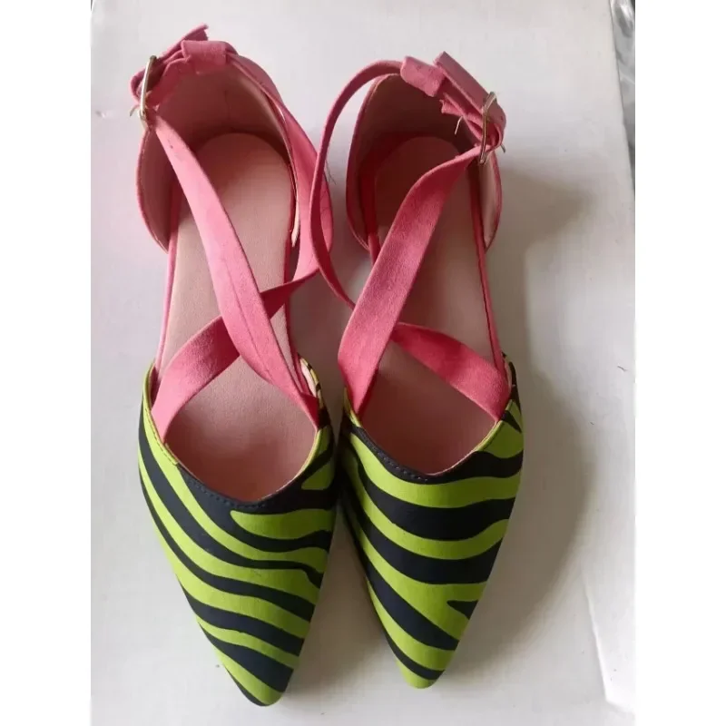 Women Sandals 2024 Summer New Casual Flat Pointed Toes Lady Shoes Zebra Faux Suede Splicing Pointed Mueller Shoes