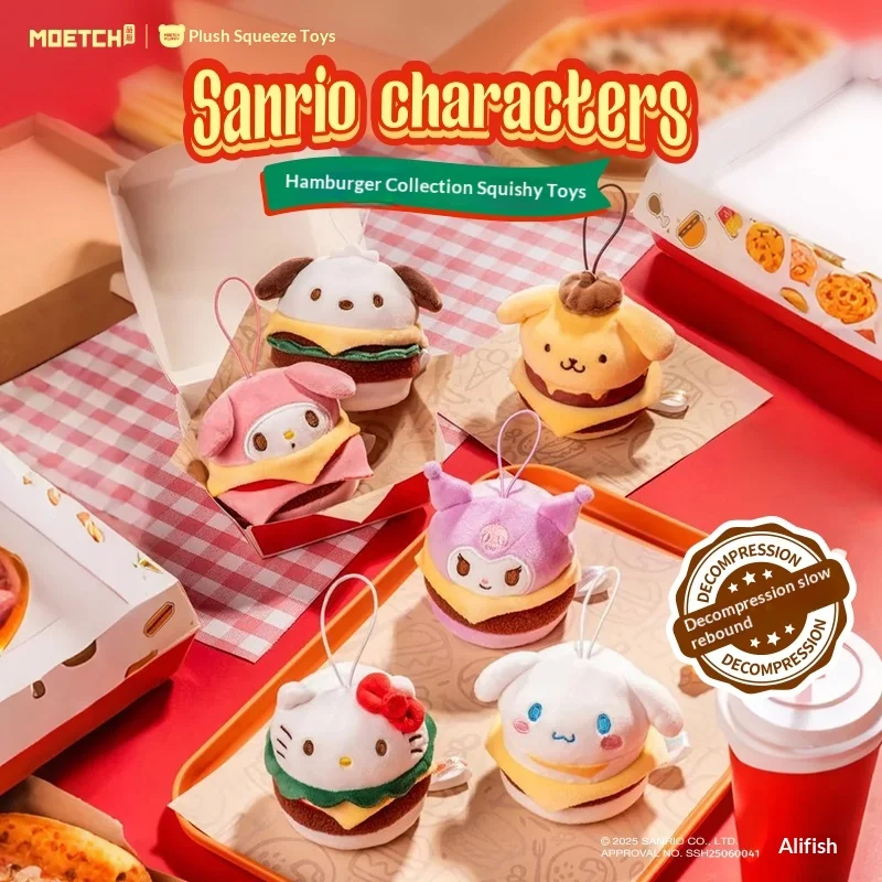 Moetch Sanrio Hamburger Squeeze Toy Blind Box Hello Kitty Kuromi Cinnamoroll My Melody Stress Relief Keychain