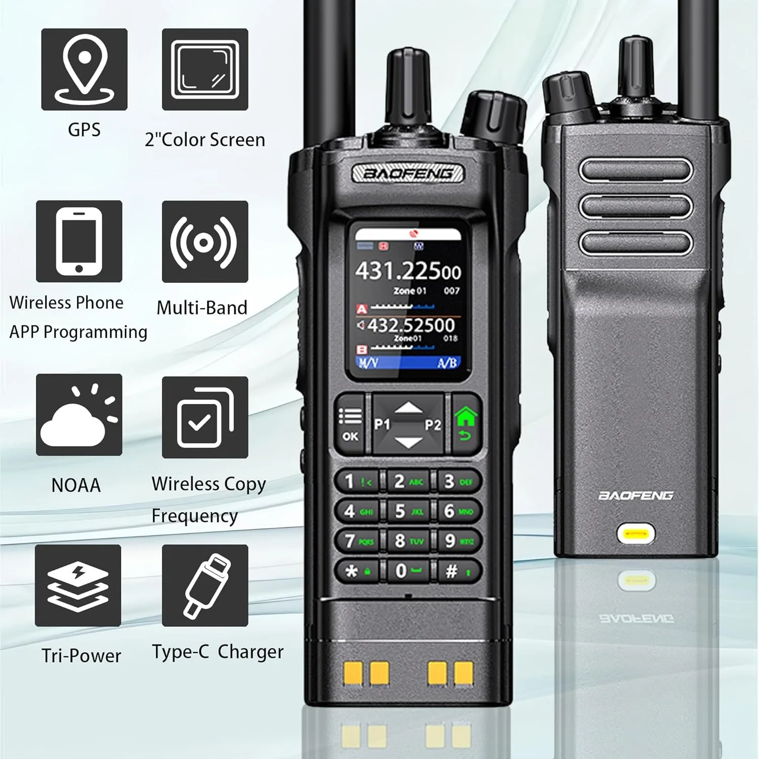 BAOFENG UV-32 10W Dual Band Walkie Talkie Long Range GPS NOAA APP Write Frequency 2500mAh Type-C  Black