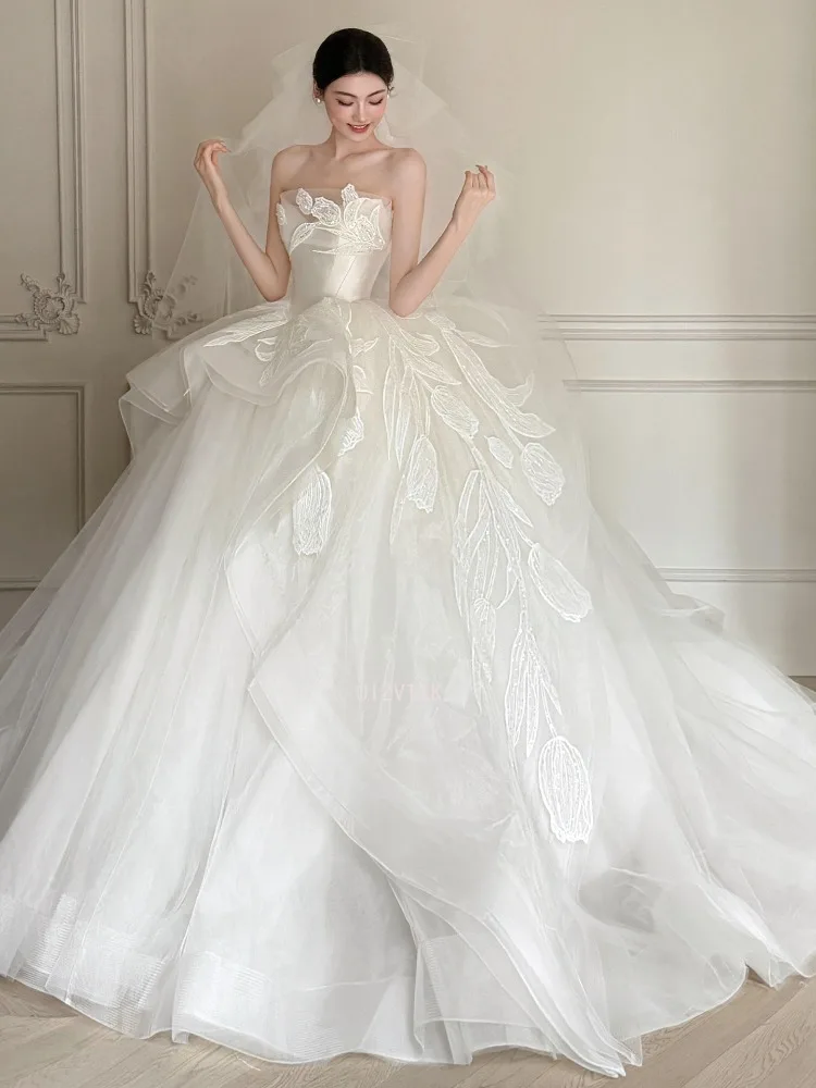 Luxry marfim tule noiva vintage vestido de noiva elegante feminino applique vestido de noiva sem alças vestidos de casamento personalizado 2026