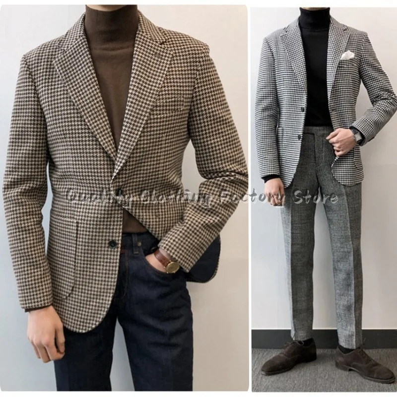

Autumn Winter Men's Plaid Suit Jacket Thousand Bird Grid Handsome Retro Casual Coats Long Sleeve Single Breasted Blazer