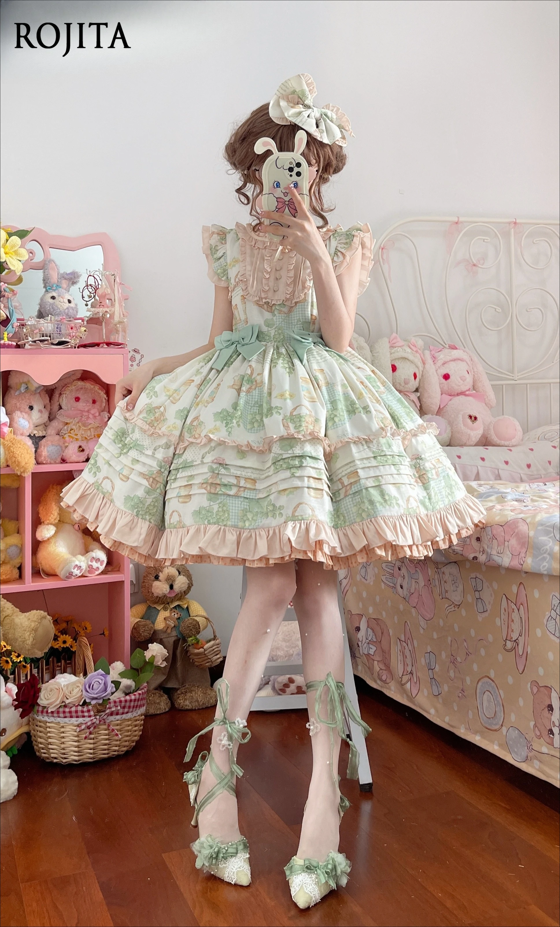

Pastoral Print Dress Lolita Daily Crew Neck Flying Sleeves High Waist Summer Dress Women Polka Dot Bow Trailing Lolita Dress