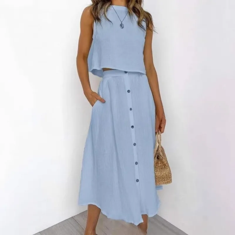 Two-piece Set of New Round-neck Vest Shirt  Medium-length Button-down Dress Comfortable  Casual Style Hammock Solid-color Suit