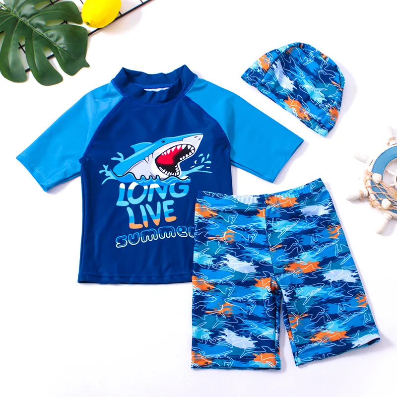 Kinder bade bekleidung 3-teiliger Hai-Badeanzug Bades horts Set Jungen Split Badeanzug Kinder Student Badeanzug Set