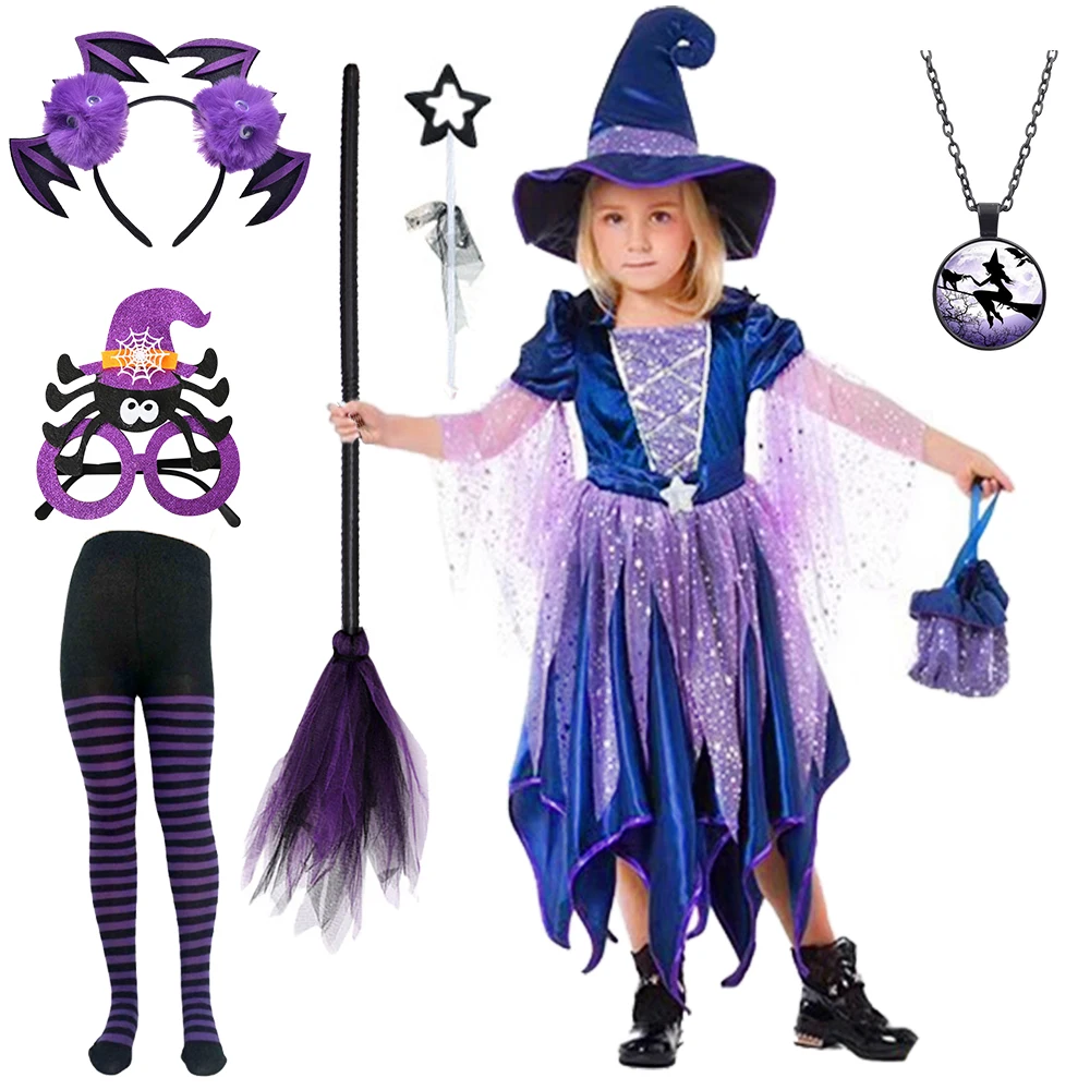 

2-14Y Halloween Child Witch Cosplay Costume Carnival Party Masquerade Fancy Girls Bat Ghost Dress Up Purple Shiny Pluffy Dress