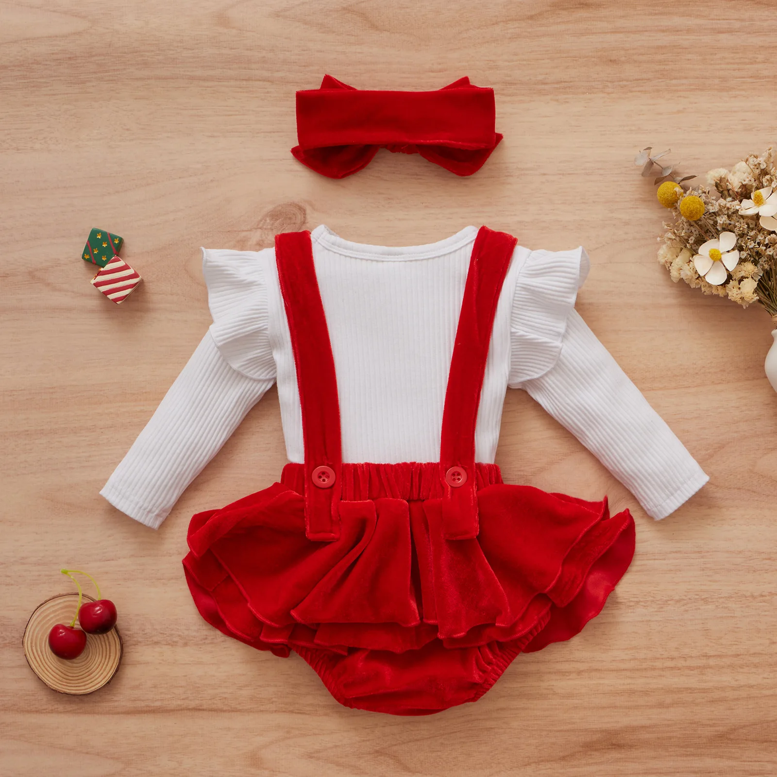 Baby Children's First Year Photography Clothing Red Velvet Strap Dress Long sleeved Top Halter Dress baby photoshoot outfit