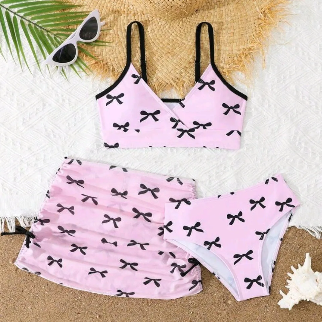 Girls 3pack Bowtie Bikini Sets Kids Swimsuit& Beach Skirts 8-12 Years Children's Swimwear 2026 Teens Child Girl Bathing Suit