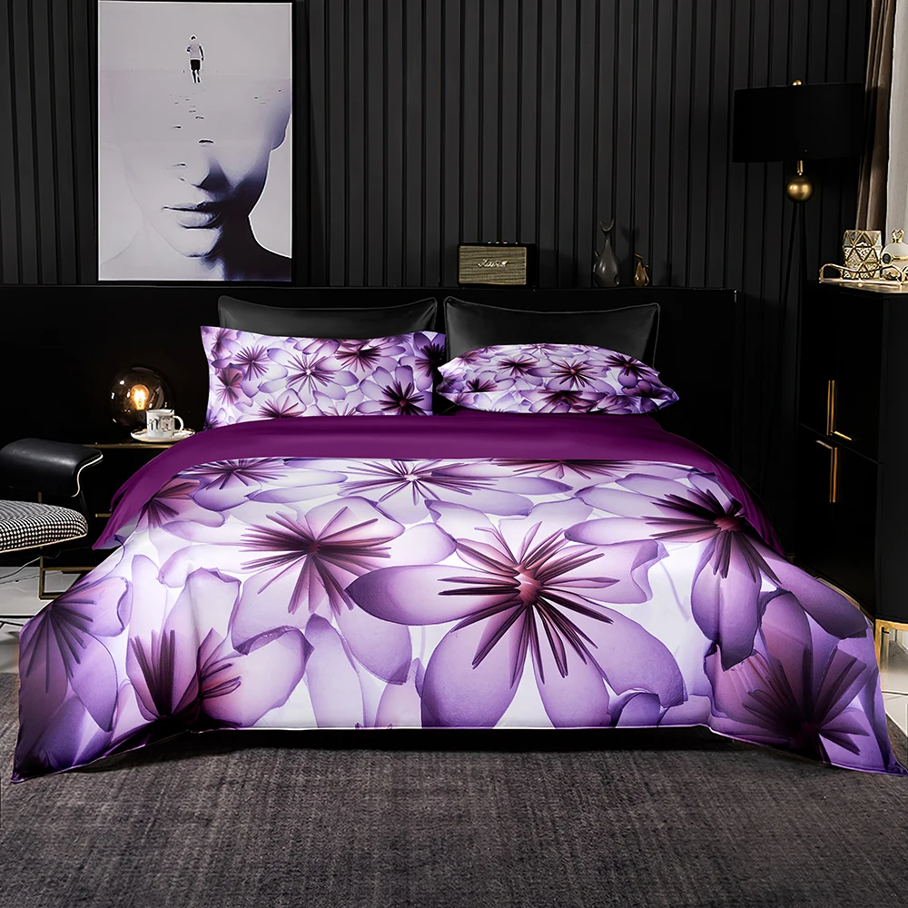 

Purple Flowers Pattern Duvet Cover 220x260,Single/Double Quilt Cover with Pillowcase,Faux Satin Bedding Set Queen/king