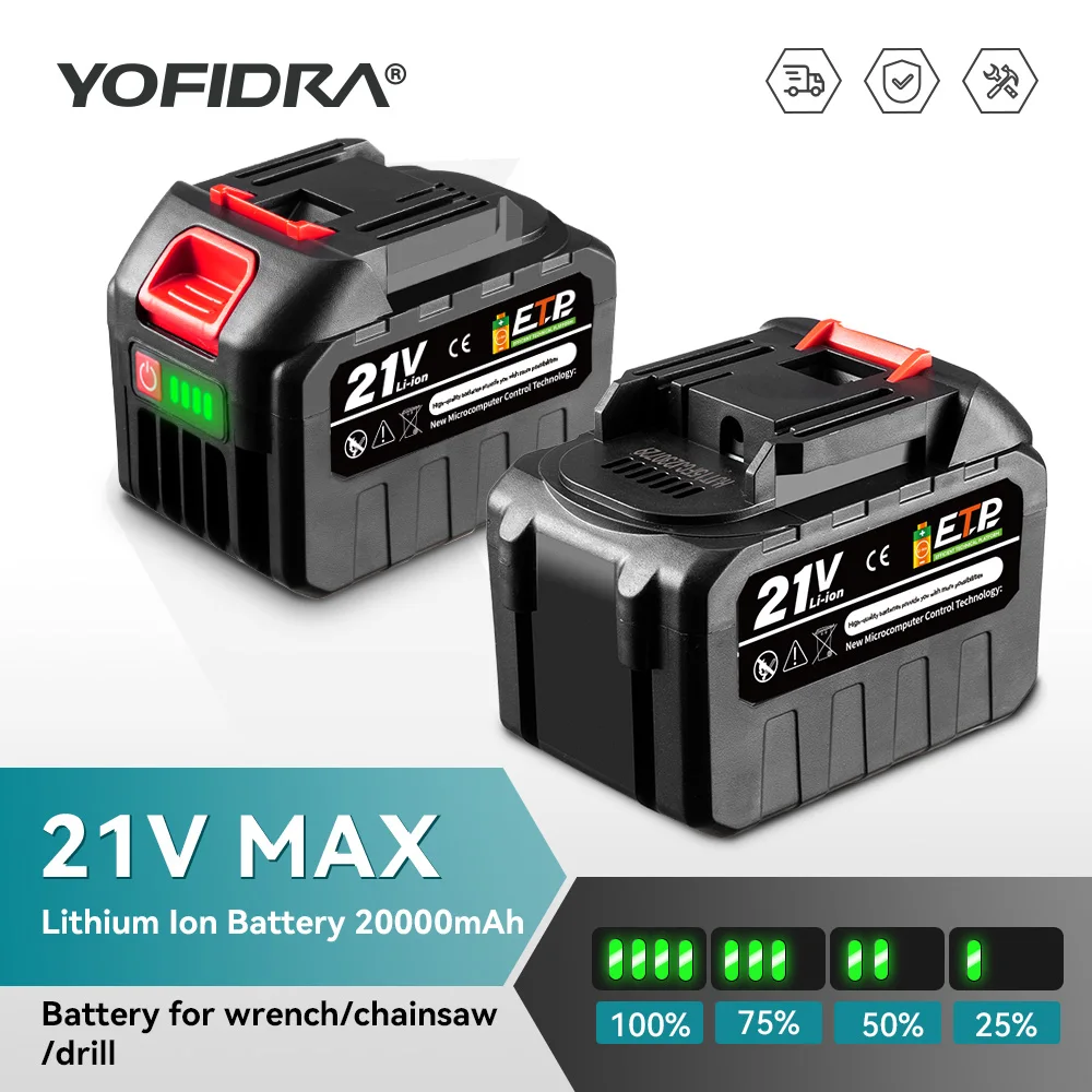 YOFIDRA 18-21V Wiederaufladbare Lithium-Batterie für Bürstenlose Kettensäge Bohrmaschine Elektrischer Schraubenschlüssel für Makita 21V 18V Akku
