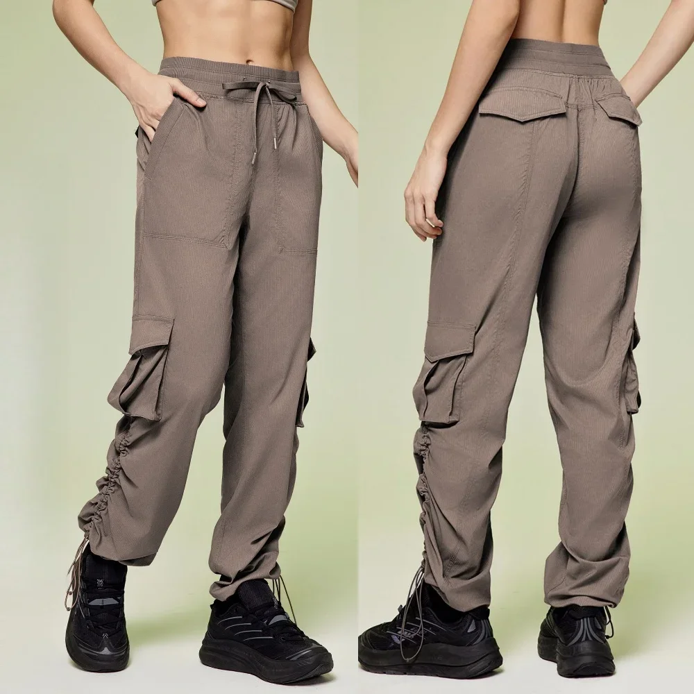 2025 lightweight women's work pants straight-leg tying feet multi-pocket quick-drying fitness casual jogging yoga sports pants