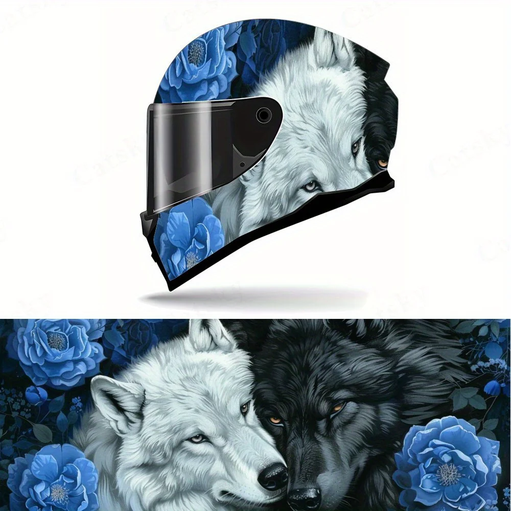 

Наклейка на мотоциклетный шлем с рисунком синей розы и двойного волка, самоклеящаяся водонепроницаемая виниловая наклейка на шлем, универсальный мотор