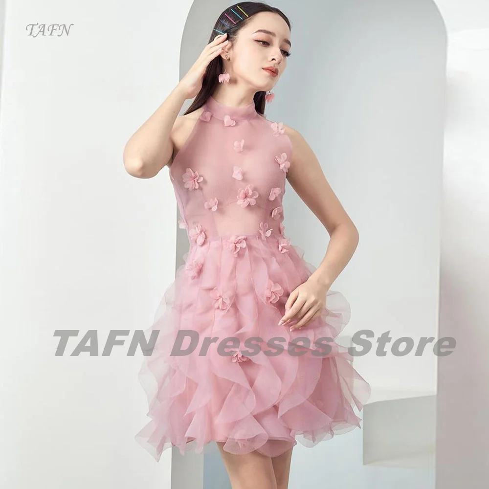 TAFN-vestido de baile sem mangas gola alta, apliques florais, plissado contornado, vestidos de festa, rosa feminino