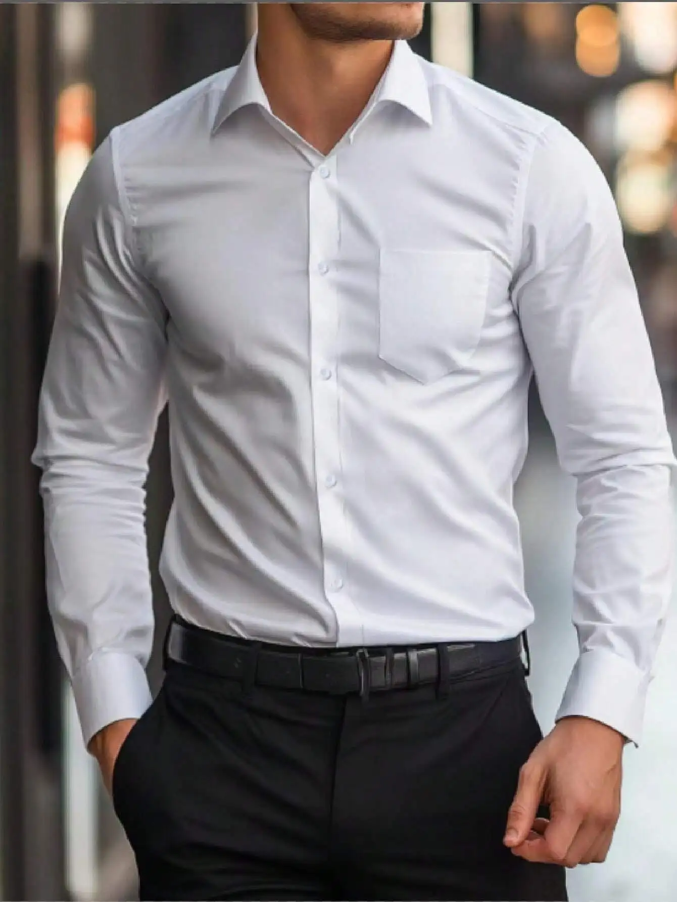 

Мужская классическая рубашка с длинным рукавом на пуговицах для офиса и повседневной носки