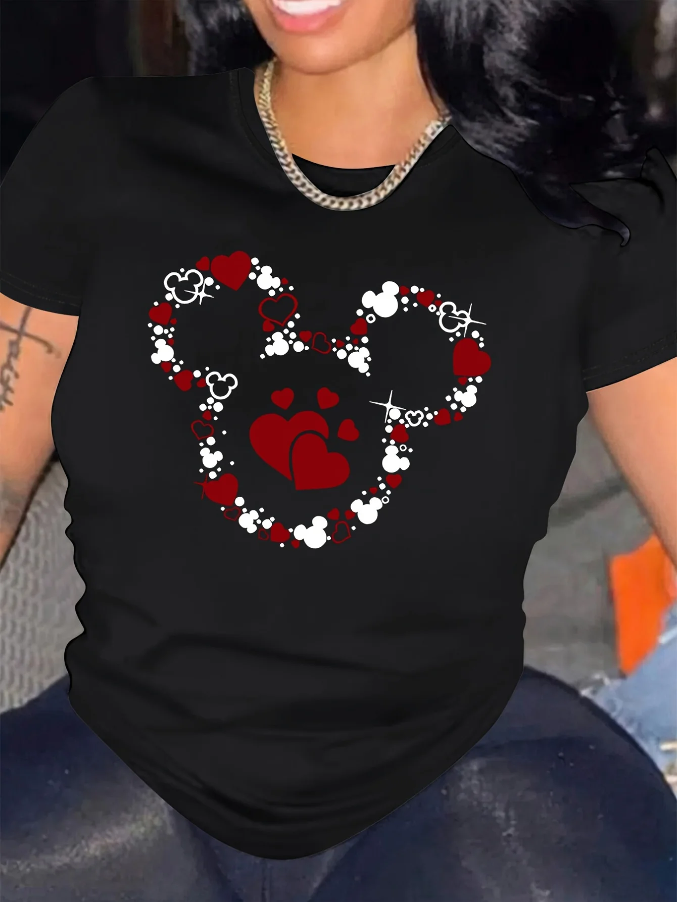 ハート＆マウスプリントTシャツ】リラックスフィット通気性ハート＆マウスプリントレディースカジュアルTシャツ - スポーツ用半袖Tシャツ