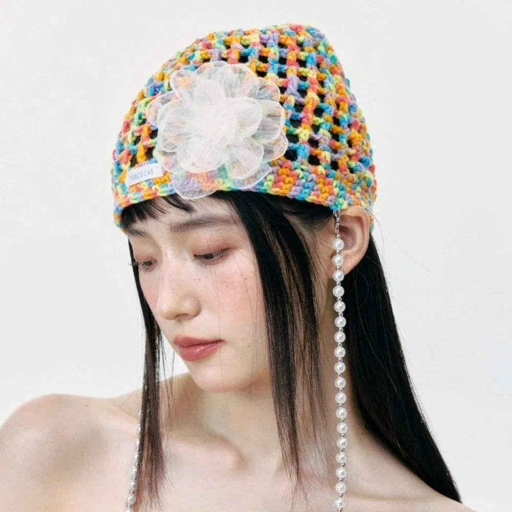 

Bohemian Style Crochet Tassel Beanies Hat Hollow Dopamine Color Flower Pullover Cap Handmade Thin Bow Pearl Beanie Cap