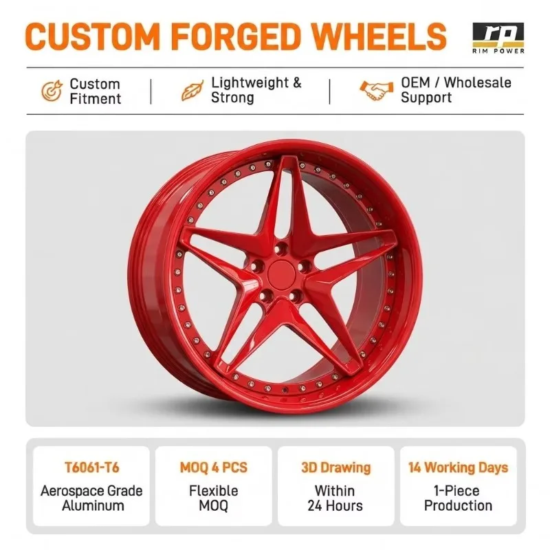 26 Style RimPower 2‑Piece Rims Custom 1200t Tons Forged 5‑Star Red 16‑24