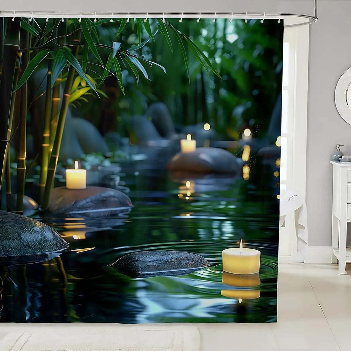 

Занавеска для ванны Zen Stones, зеленое отанное лесное дерево, занавеска для душа, природный пейзаж, реки, свеча, аксессуары для ванной комнаты