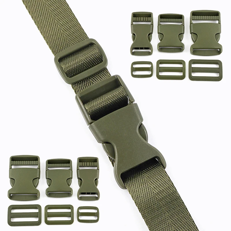 

5/10Sets 25-38mm ArmyGreen Plastic Release Buckle for Bag Strap Adjust Ring Clasp Webbing Tri-Glide Slider Hooks Accessories