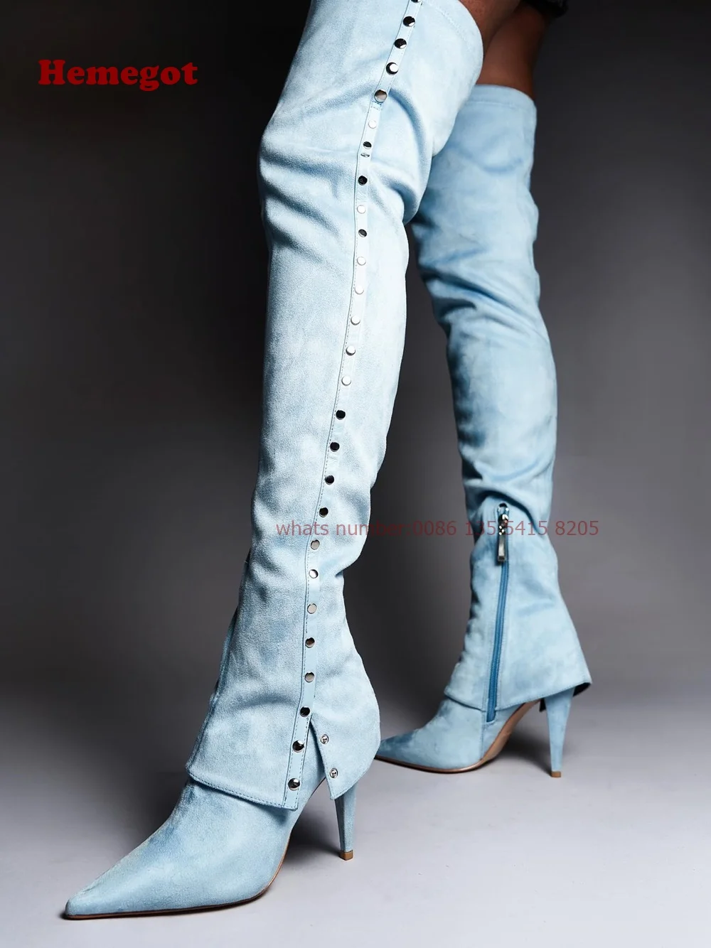 Denim Blue Button Stiletto Boots Pointy Toe Thin Heel Over The Knee Boots for Women Winter Solid Warm Casual Shoes 2024 Luxury