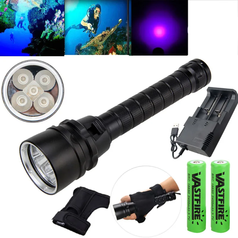 Professional 10W White UV Light Underwater 100m Rechargeable 5*LED Scuba Diving Flashlight 365-395nm Torch Water Sports Lanterna