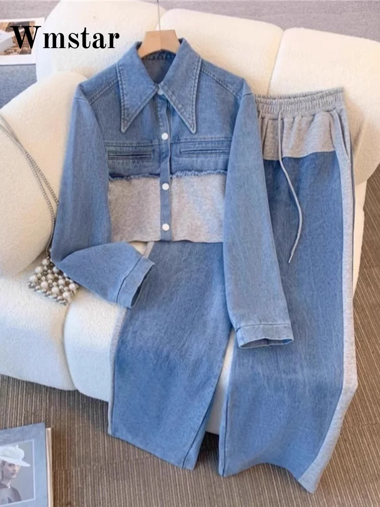 

Wmstar Two Piece Outfits Wholesale Denim Patchwork Fashion Casual New Long Sleeved Top Wide Leg Long Pants Fall Matching Suit