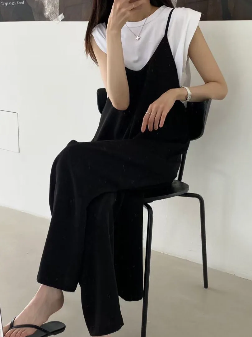 Korean Style Summer New Simple Pure Color Drapey Thin Strap Wide Leg Casual Pants Women's Overalls Straight Cut Spring Autumn
