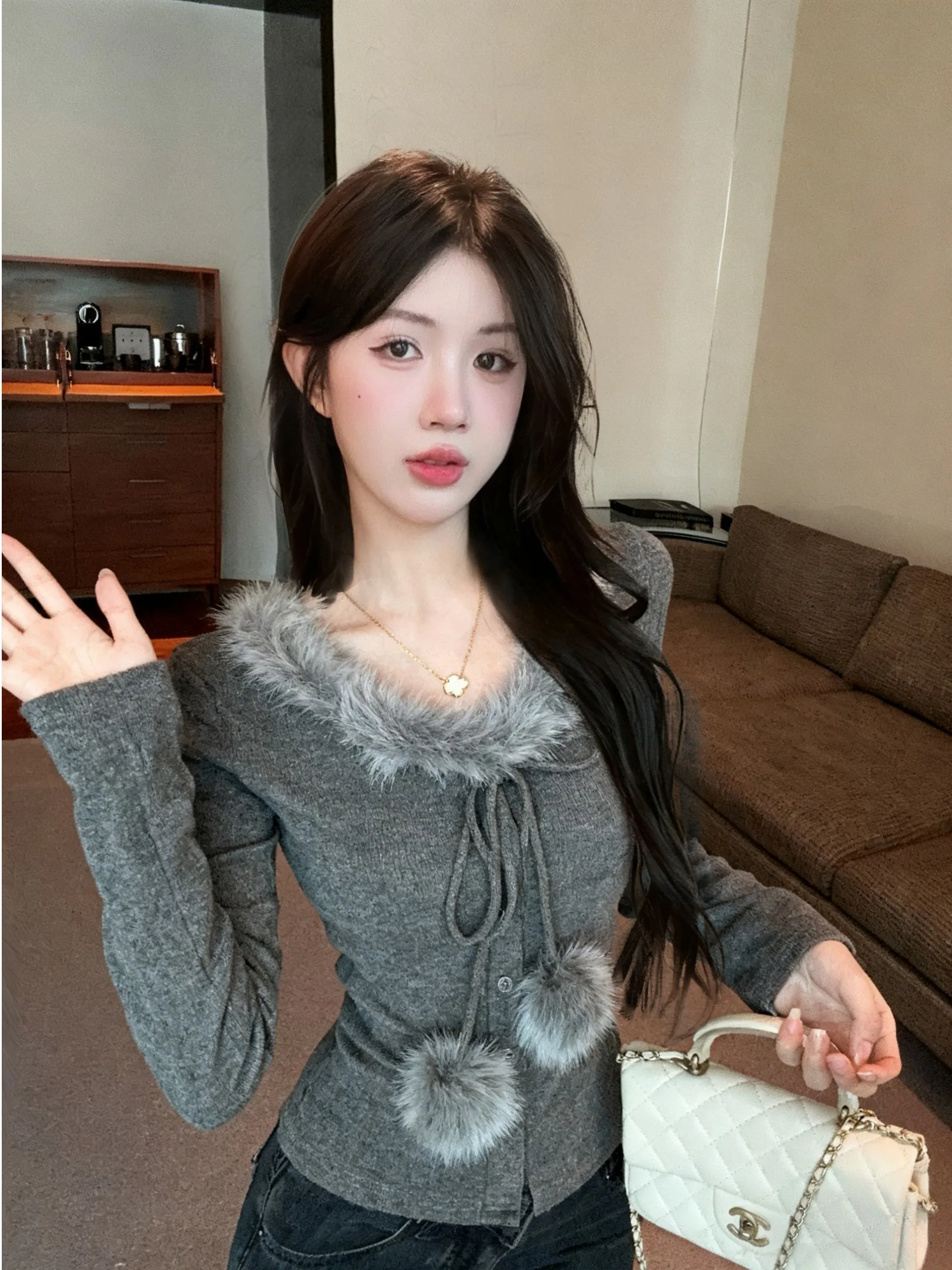 Winter 2026 New Style Small Fragrance Design Spicy Girl Fur Patchwork Belted Open Cardigan Long Sleeve Base Shirt for Women