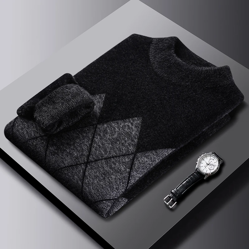 

Hot Selling Men's Knitted Sweater Quality Plush Thickened Semi High Neck Geometric Jacquard Pullover Winter Versatile Menswear