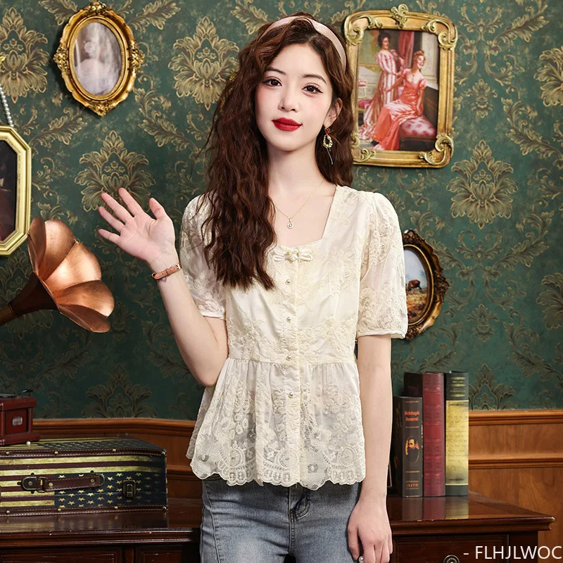 Embroidery Cute Chic Tops Hot Women Summer Korea Japan Style Design Slim Waist Peplum Button Shirt Blouse FLHJLWOC Vintage