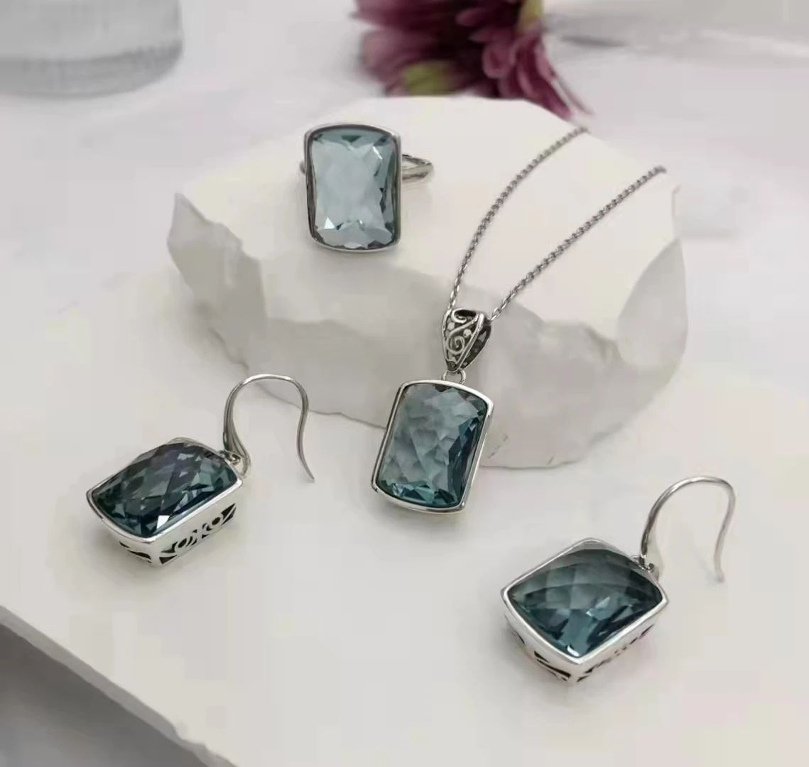 

925 Sterling Silver Jewelry Sets Rings Earings Fashion Jewelry Pendant Necklace Women Inlaid With Blue Crystal