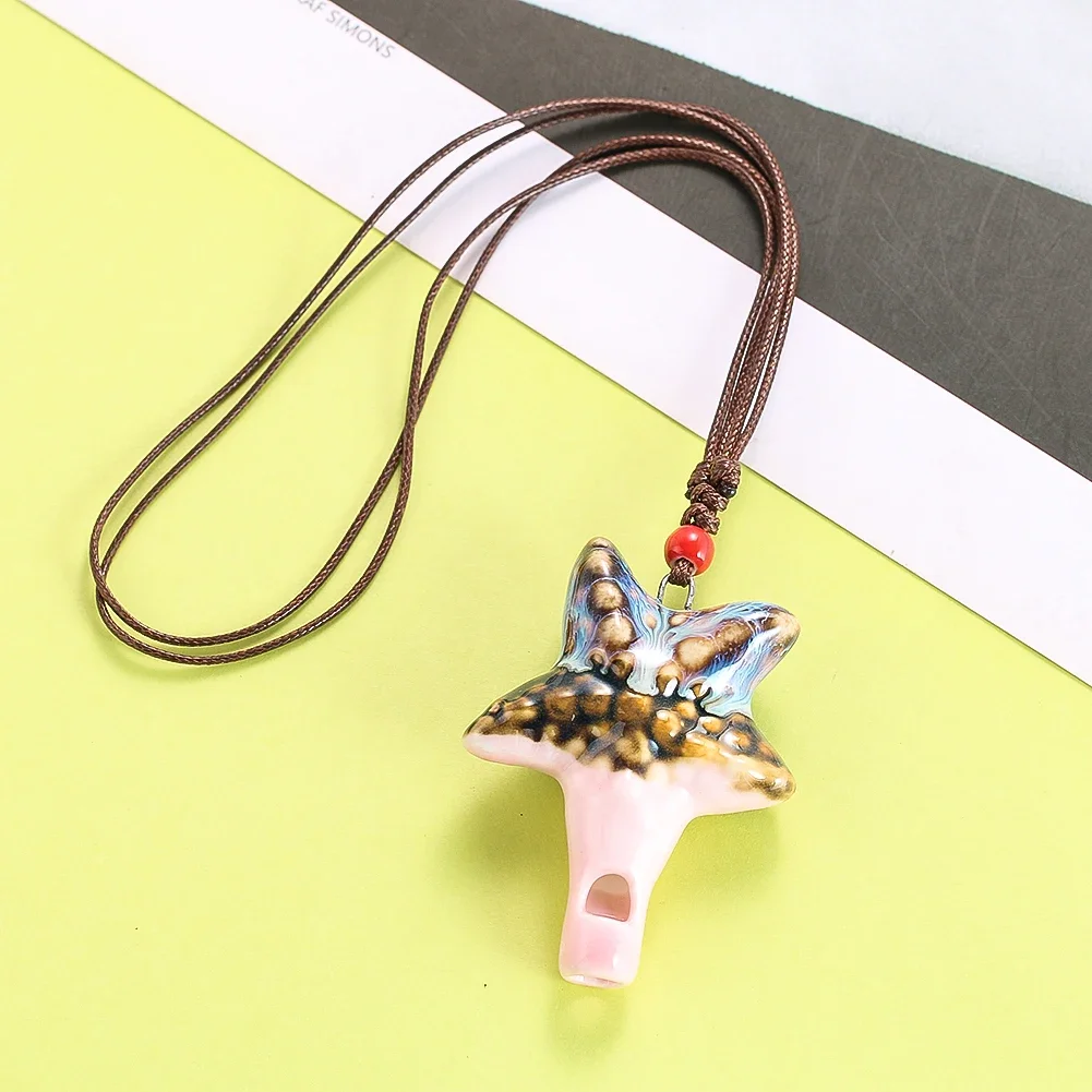 Ceramic Simulation Starfish Whistle Necklace Pendant Cartoon Pendant Outdoor Survival Portable Tool with Hand-woven Rope Chain