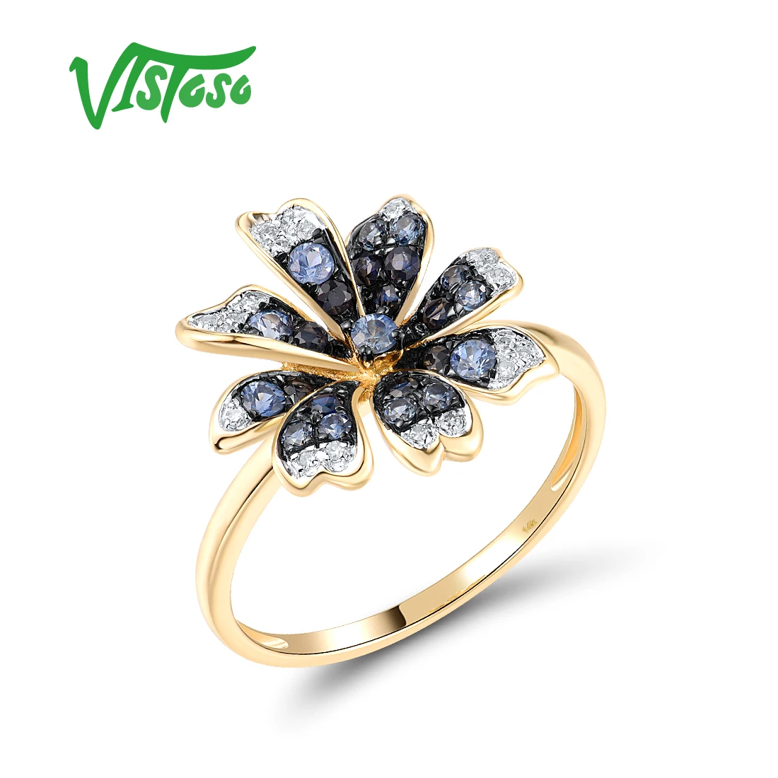 VISTOSO Genuine 14K 585 Yellow Gold Ring For Women Sparkling Diamonds Blue Sapphire Exquisite Party Gifts Trendy  Fine Jewelry