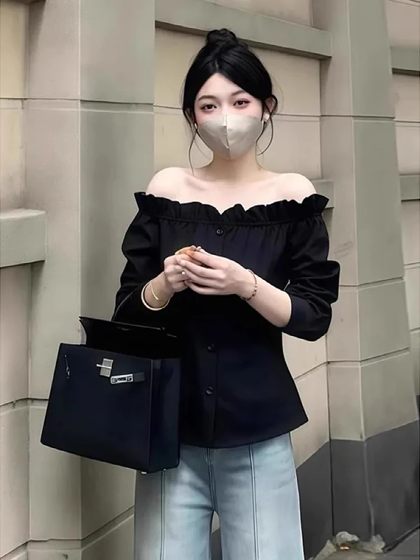 

plus Size oulder Bared irt Women's Long Sve Slimming Waist Design Commute Friendly Faionable Polyester Fiber irt