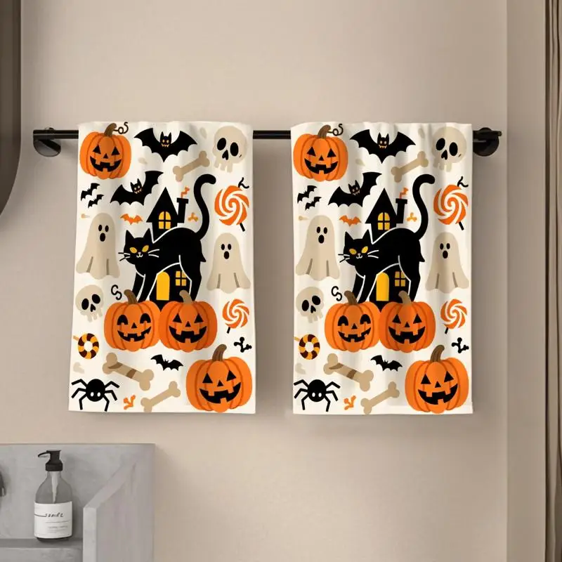 2-piece set, cartoon-style pumpkin black cat print pattern country towel, dish towel, hand towel, art modern towel