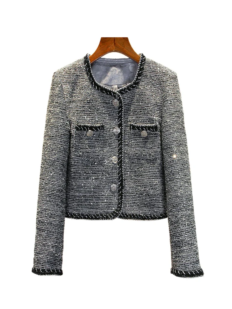 

South Oil High-End Women's ort Sequin Boucle Open Cardigan Coat Small Fraance Sle Autumn Winter Thiened Outerwear