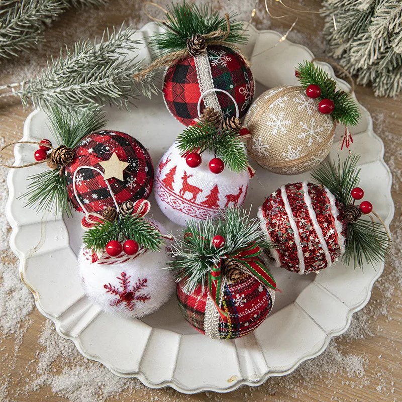 1/3/5pcs 6cm Red Plaid Christmas Ball Wrapped Cloth with Berry Foam Ball  Xmas Tree Hanging Pendants New Year Navidad Home Gift