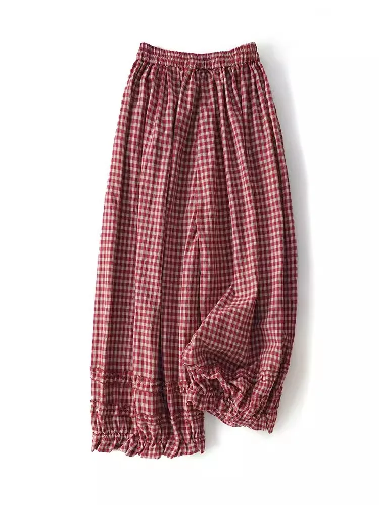 Oversized Female Wide Leg Pants 2024 New Autumn Literary Vintage Plaid Lace Patchwork  Women Harem Pants Casual Loose Trousers