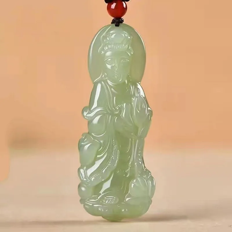 

Большой нефритовый кулон Hetian Guanyin, одна рука, держащая бутылку, стоячая бодхисаттва