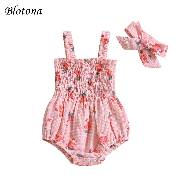 

Blotona Baby Girl Summer Jumpsuit Strawberry Print Sleeveless Romper and Headband Set Cute Fashion Clothes Outfits 0-18M