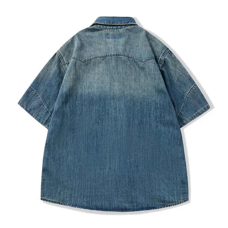 خمر قميص دينيم قصير الأكمام عادية فضفاضة تناسب الصيف جديد عصري العلامة التجارية ملابس العمل جان الشباب Sle واحدة الصدر قمصان دينيم