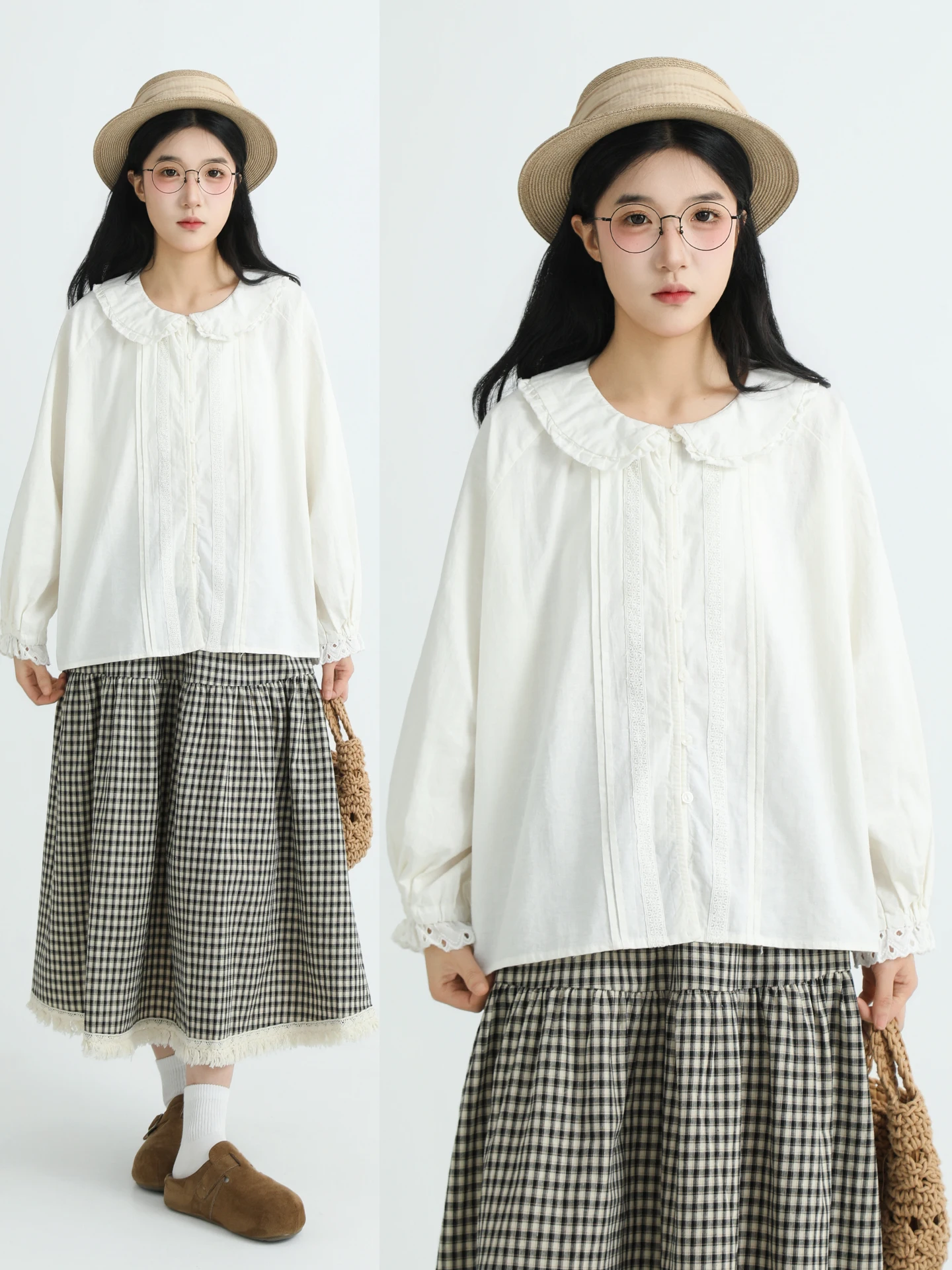 

Long Sleeve Cotton Linen Pleated Splicing Women's Shirt Lace Style Commute Fashion Small Stature Dressing Casual Loose Fit