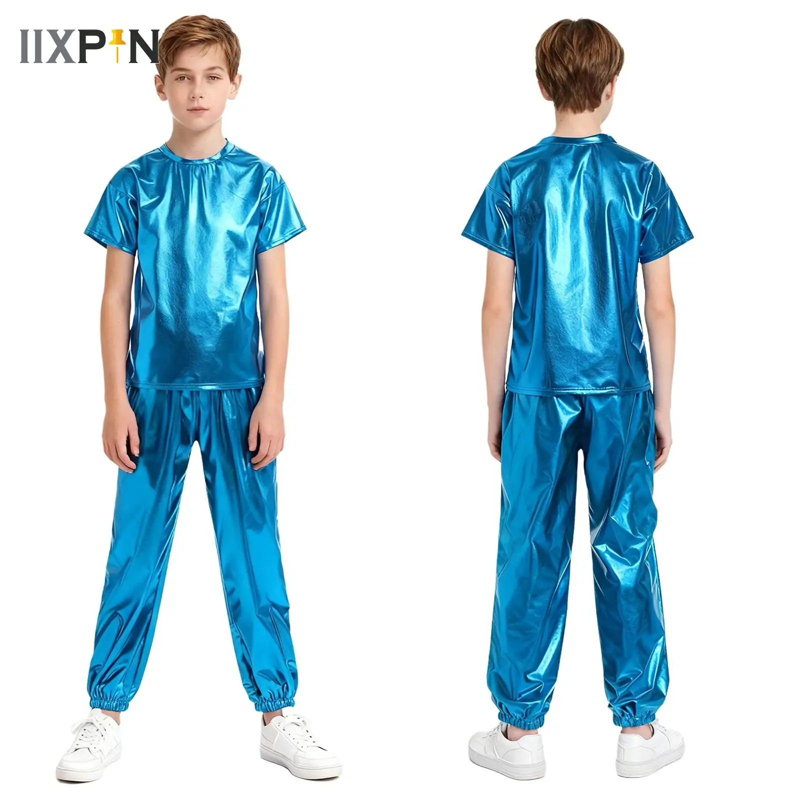 

Girls Boys Hip Hop Jazz Street Dance Party School Performance Costume Kids Short Sleeve Round Neck Shiny T-shirt with Pants Set