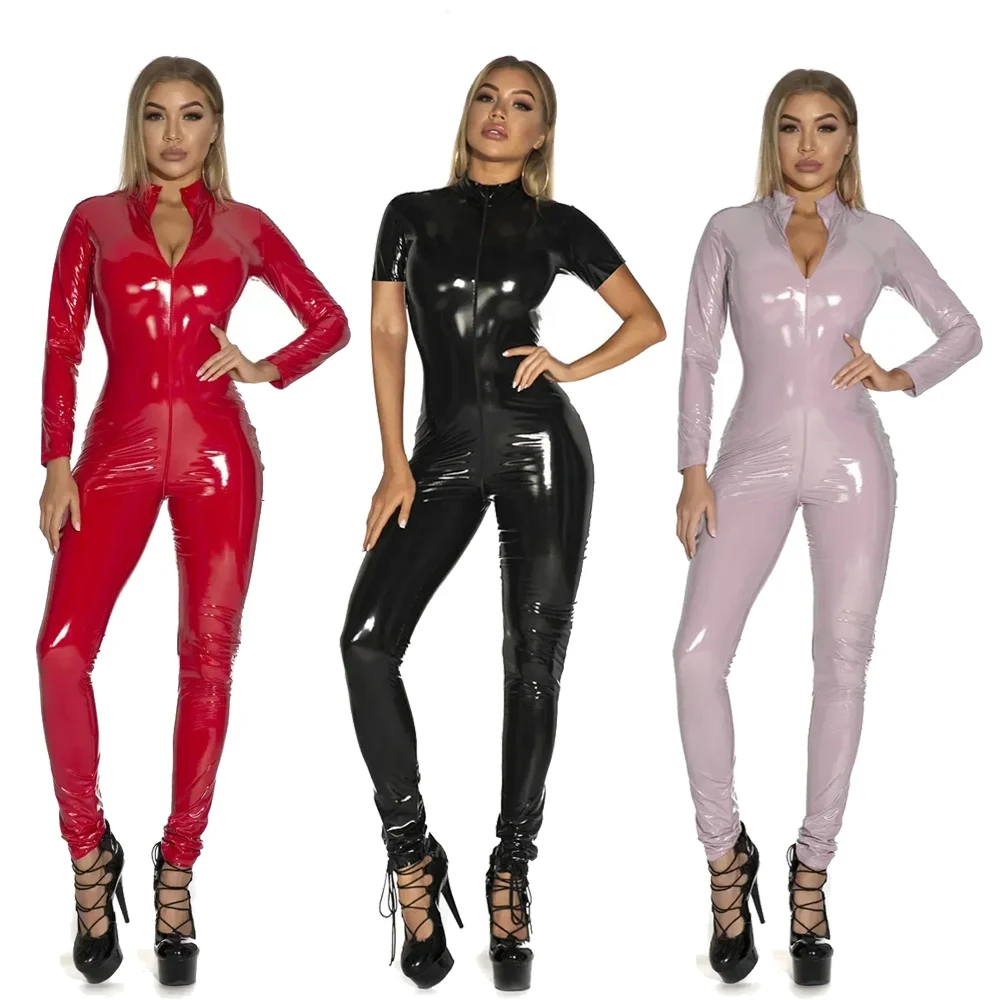 

Women Faux Leather Catsuit Sexy Hot PVC Latex Bodysuit Front Zipper Open Crotch Jumpsuits Stretch Bodystocking Erotic Costumes