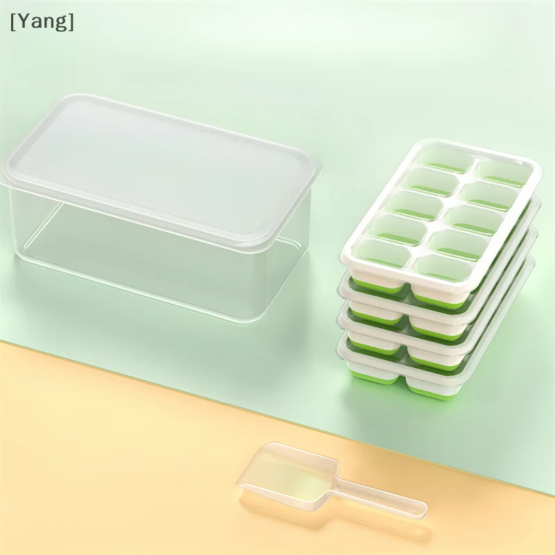 14-Cell Ice Tray With Ice Scoop Set Silicone Ice Cube Tray With Lid And Bin