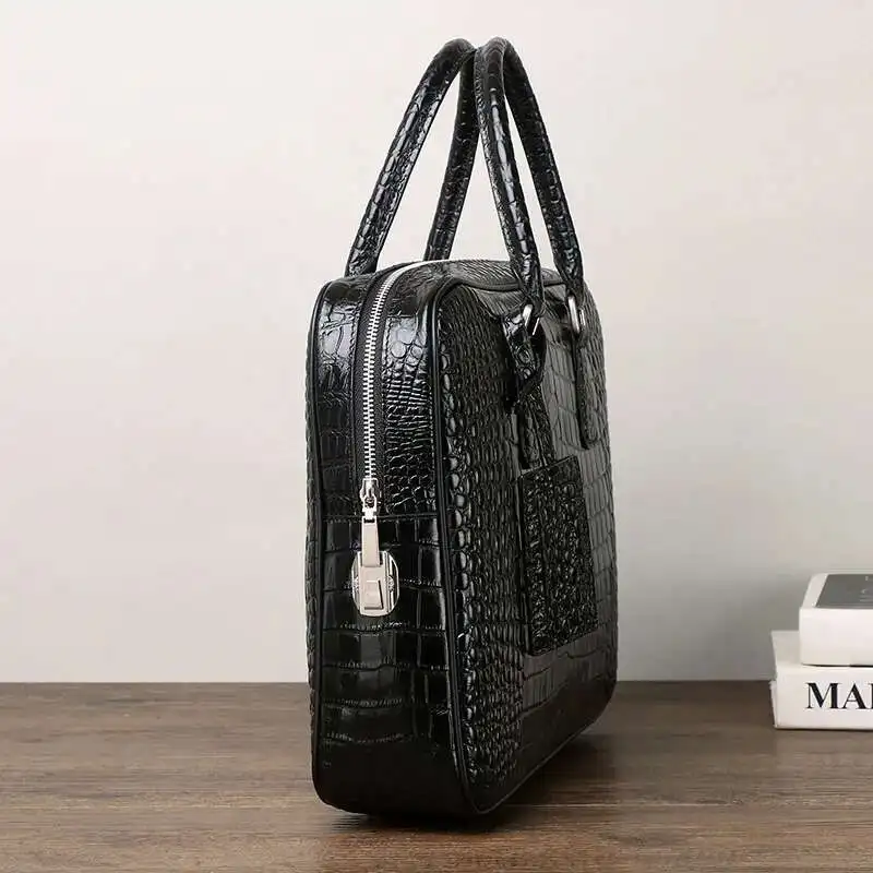 Sac messager en cuir véritable motif crocodile pour ordinateur portable, étuis à bombes, étui à bombes d'affaires, grande capacité, cuir de vachette pour homme, ordinateur