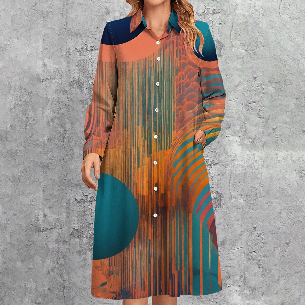 Fashion Women's Colourful Geometric Patchwork Print Shirt Dress Temperament Ladies Lapel Button Down Cardigan Dress Casual Robe