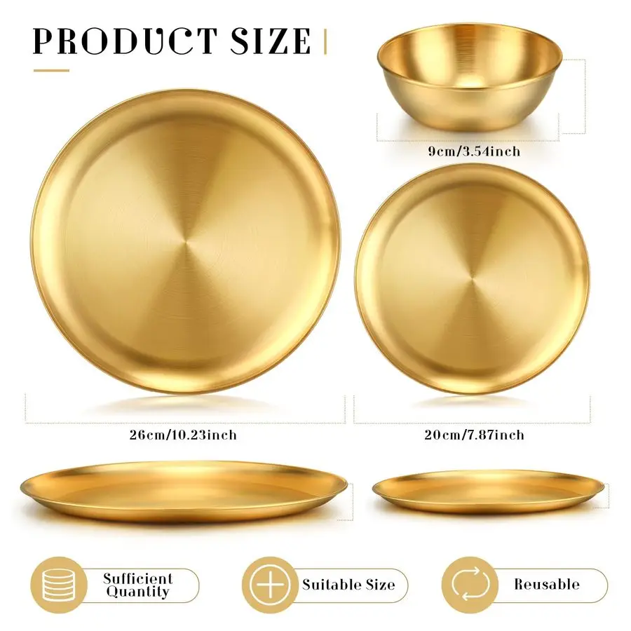 

Набор столовой посуды из 18 предметов: 10 золотых металлических тарелок, 8 утолщенных обеденных тарелок, 3.5-дюймовые соусницы, штабелируемые, из нержавеющей стали